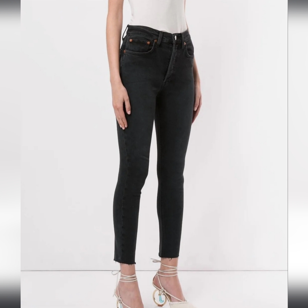 REDONE Sz 28 Black High Rise Skinny Leg Ankle Cropped Raw Hem Button Fly Jeans